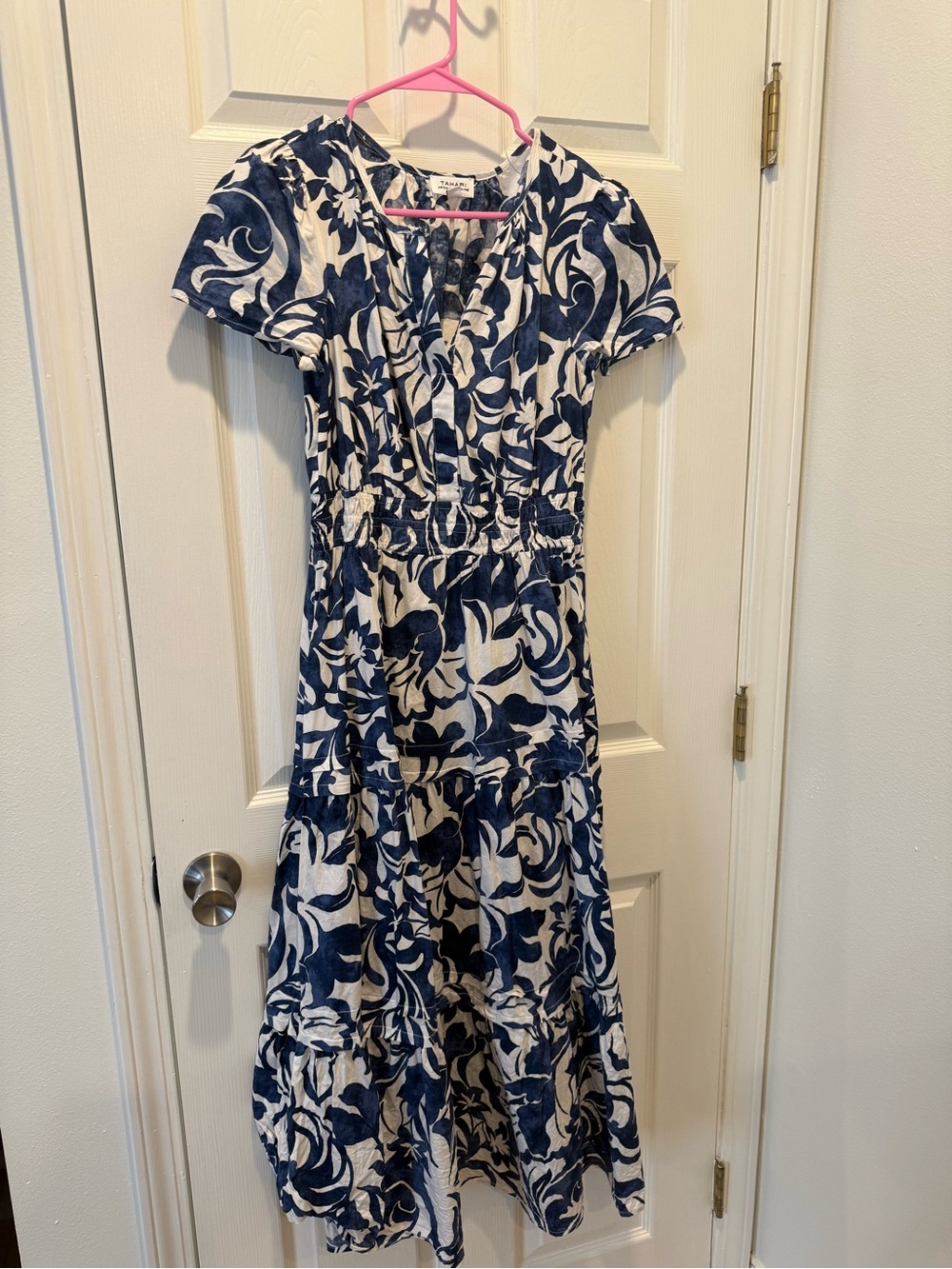 Tahari Blue and White Floral Tiered Maxi Dress
